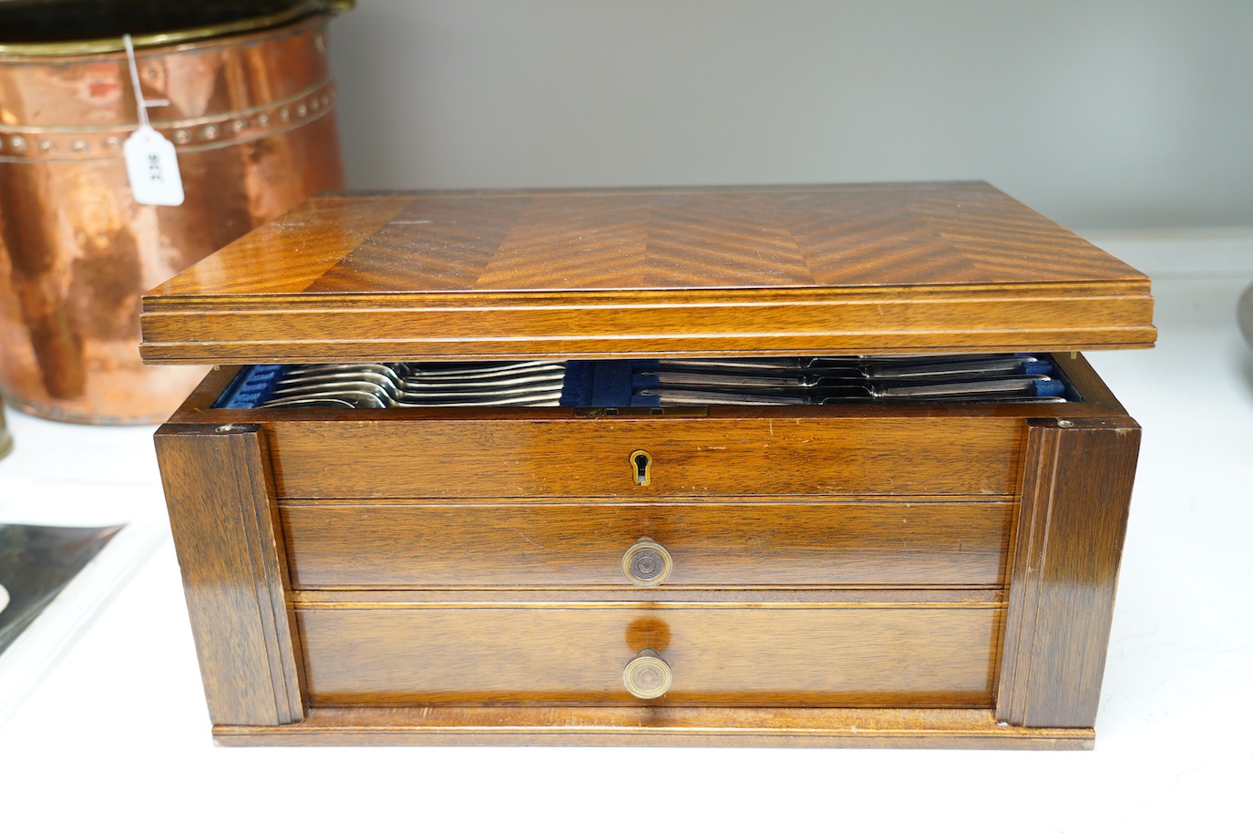 A 1930's mahogany cased canteen of Old English pattern flatware, canteen 45.5cm wide. Condition - case fair, flatware good